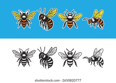 Collection of bee vector illustrations. Suitable for logos, outdoor designs, stickers and t-shirt designs.
