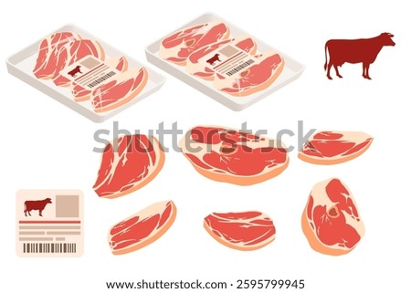 Collection of beef meat cuts. Raw steaks in plastic tray, ready for grocery store selling. Isometric set. Packaged meat products. Red beef food. Vector illustration isolated on white background.