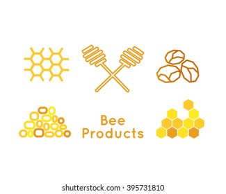 collection of beekeeping icons. Wax, pollen, propolis, honey spoons. set of Bee products emblems. Vector illustration