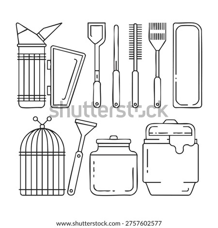 A collection of beekeeping tools and equipment depicted in a minimalist line style. The set includes a bee smoker, hive tool, frame grip, bee brush, jar, container, and lunch box, all rendered......