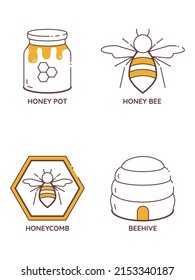 Collection of beekeeping vector icons - honey pot, honeybee, honeycomb, beehive isolated on white background. Organic product illustration for emblem, tag, decor, design. Natural food set of elements.