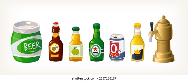 Collection of beer bottles and containers. Isolated images of packaging for alcoholic and non-alcoholic beverages in pubs and on  mass market sale. Vector illustrations