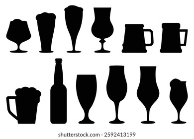 Collection of beer bottles and glasses silhouettes, vector illustration isolated on white background.