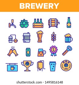 Collection Beer Brewery Elements Vector Icons Set Thin Line. Alcohol Foam Drink Brewery Concept Linear Pictograms. Barrel And Bottle, Faucet And Keg Monochrome Contour Illustrations