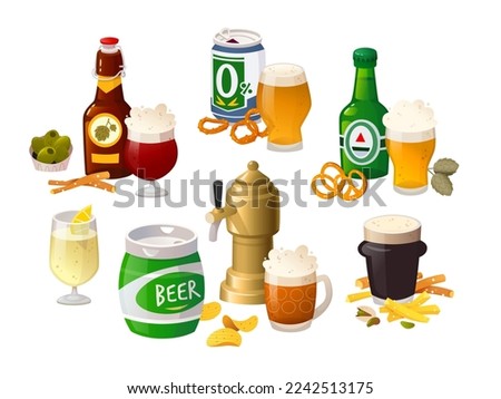 Collection of beer drinks, containers and glasses to serve alcoholic  beverages with most popular snacks. Isolated vector images of foods and drinks
