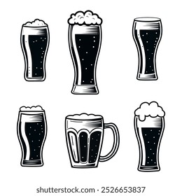 Collection of beer glass illustration. Hand drawn vintage beer mugs and pints