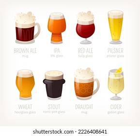 Collection of beer glasses with names. Variety of alcohol drinks beer stout and pilsner. Isolated vector images of classic pub beverages. 