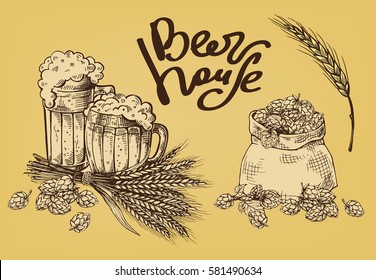 collection of beer, hops, mug, ears, sack in graphic style vector illustration