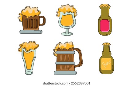 A collection of beer icons featuring frothy mugs, elegant beer glasses, and bottles in vibrant styles.