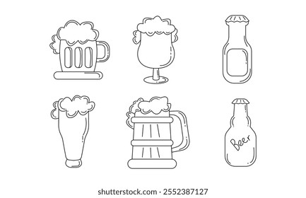 A collection of beer icons featuring frothy mugs, elegant beer glasses, and bottles in Line styles.