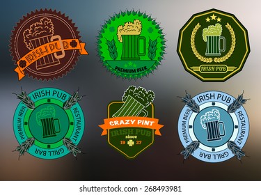 Collection of beer and irish pub badges and labels in vintage style on blurred background