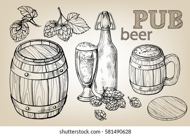 collection of beer items beer barrel hops mug bottle glass in graphic style vector illustration