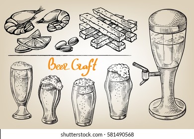 collection of beer items beer mug glass and appetizer in graphic style vector illustration