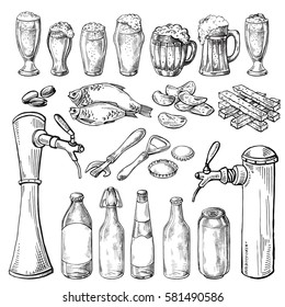 collection of beer items beer mug glass and appetizer in graphic style vector illustration