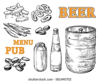 collection of beer items beer mug glass and appetizer in graphic style vector illustration