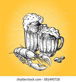 collection of beer items mugs peanuts and red cancer in graphic style vector illustration