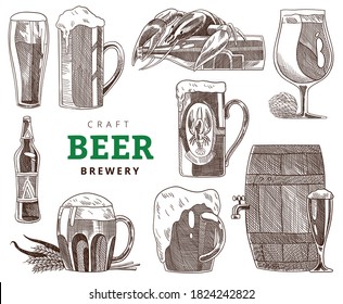 Colección de tazas de cerveza, vidrio y botellas. Partida de cerveza artesanal, ilustración vintage de grabado vectorial. Diseño de pancartas dibujadas a mano. Cartel de la fábrica de cervecería o del restaurante artesanal