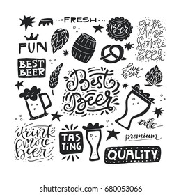 Collection of beer related doodle illustrations. Clipart for Octoberfest or brewery label.