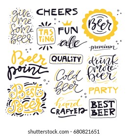 Collection of beer related doodle illustrations. Clipart for Octoberfest or brewery label.