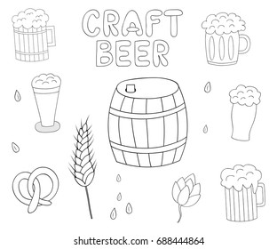 Collection of beer related doodle illustrations.Design for Octoberfest or brewery label.Coloring book.Vector illustration.Black and white drawing.