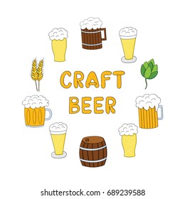 Collection of beer related doodle illustrations.Design for Octoberfest or brewery label.Craft beer.Vector illustration.