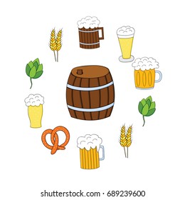 Collection of beer related doodle illustrations.Design for Octoberfest or brewery label.Craft beer.Vector illustration.