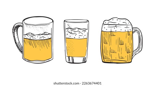 Collection of beer in sketch style. Hand drawings in art ink style. Black and white graphics.