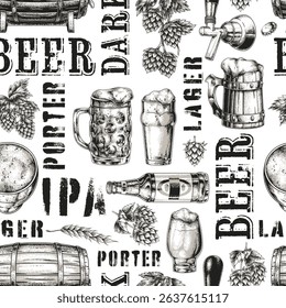 A collection of beer-related illustrations features mugs barrels and hops on a white background. The design showcases different beer styles and brewing elements perfect for enthusiasts.