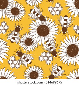 Collection of bees, flowers and honeycombs, hand drawn seamless pattern. Doodle colorful backdrop with insects. Beekeeping icon set vector. Decorative illustration, good for printing. Wallpaper design