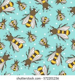 Collection of bees, hand drawn seamless pattern. Colorful backdrop with insects. Beekeeping icon set vector. Decorative illustration, good for printing. Wallpaper design