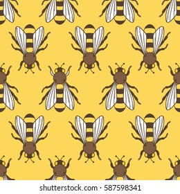 Collection of bees, hand drawn seamless pattern. Colorful backdrop with flying insects. Beekeeping icon set vector. Decorative illustration, good for printing. Wallpaper design