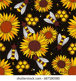 Collection of bees, honeycombs and flowers, seamless pattern. Colorful overlapping backdrop with insects, sunflowers. Beekeeping vector. Decorative illustration, good for printing. Wallpaper design