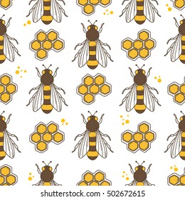 Collection of bees and honeycombs, hand drawn seamless pattern. Doodle colorful backdrop with insects. Beekeeping icon set vector. Decorative illustration, good for printing. Wallpaper design