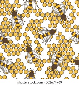 Collection of bees and honeycombs, hand drawn seamless pattern. Doodle colorful backdrop with insects. Beekeeping icon set vector. Decorative illustration, good for printing. Wallpaper design