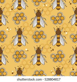 Collection of bees and honeycombs, hand drawn seamless pattern. Colorful backdrop with insects. Beekeeping icon set vector. Decorative illustration, good for printing. Wallpaper design