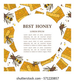 Collection of bees and honeycombs, hand drawn illustration. Colorful backdrop with text and insects. Best honey, poster design. Decorative background, good for printing