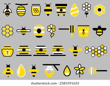 Collection of bee-themed icons showcases variety of styles and patterns, perfect for anyone passionate about nature, sustainability, and environment. Vector illustration.