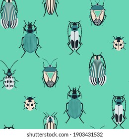 Collection of beetles. Vector seamless pattern with bright and funny insects. Colored geometric bugs.