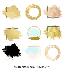 Collection of beige gradient illustrations for backgrounds, cover, frame, ribbon, banner, coin, label, flyer, card,set of isolated golden plaques. Gold gradient collection