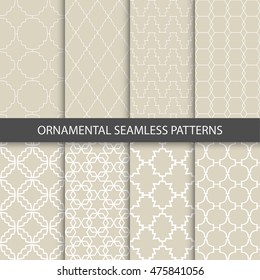 Collection of beige ornamental patterns. Vector seamless patterns for your design and ideas.