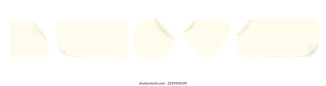 Collection of beige paper stickers in various geometric shapes round, square, rectangular , heart shape with curved corners. Blank adhesive paper or plastic stickers. Vector reminders for design