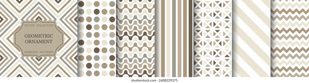 Collection of beige seamless geometric patterns. Abstract fashion neutral backgrounds - stylish design. Monochrome mosaic textures. Brown simple endless prints