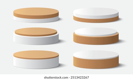 Collection of beige and white podium platform to show product on white background. Podium for product display presentation. Vector illustration
