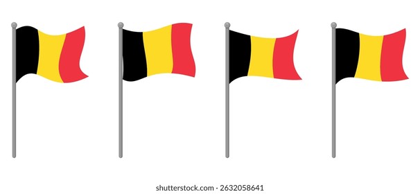 Collection of Belgian Flags Waving on Flagpoles, Isolated on White Background, Flat Style Vector Illustration, Editable and Scalable EPS File for Graphic Design and Print.