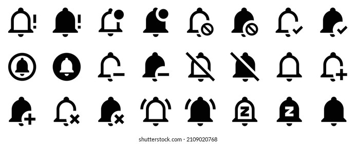 Collection of bell icons. Black flat icon set isolated on white Background