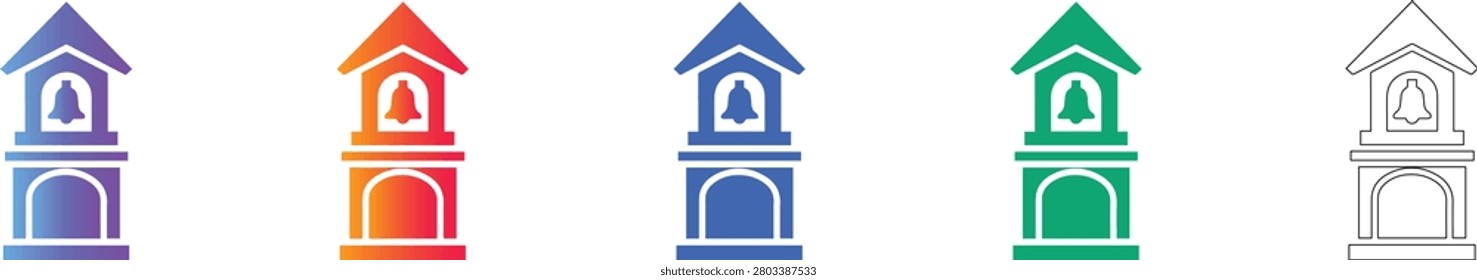 A collection of bell tower icons featuring an arched entrance, presented in gradient and outline styles. Great for architectural, historical, or cultural design projects.