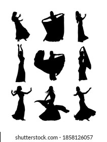 Collection Belly Dancer Woman Coquette Vector Silhouette Isolated On White. Traditional Arab Entertainment Oriental Dance. Sensual Movement Erotic Lady. Middle East Culture. Sheikh Amusement In Harem 