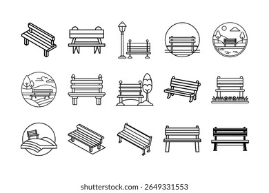 Coleção de ícones de bancada projetado em um estilo simples, plano em um fundo branco. Ideal para design de interface do usuário, aplicativos móveis, ilustrações de parques, catálogos de móveis, infográficos e gráficos de planejamento urbano