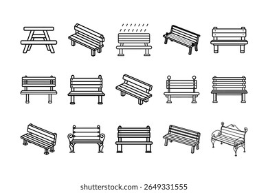 Coleção de ícones de bancada projetado em um estilo simples, plano em um fundo branco. Ideal para design de interface do usuário, aplicativos móveis, ilustrações de parques, catálogos de móveis, infográficos e gráficos de planejamento urbano