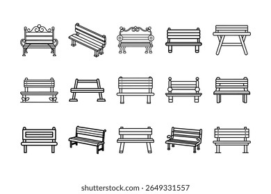 Coleção de ícones de bancada projetado em um estilo simples, plano em um fundo branco. Ideal para design de interface do usuário, aplicativos móveis, ilustrações de parques, catálogos de móveis, infográficos e gráficos de planejamento urbano